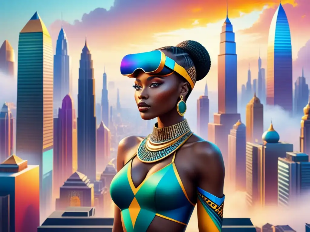 Una metrópolis digital vibrante con motivos de arte africano, fusionando tecnología moderna y elementos artísticos antiguos