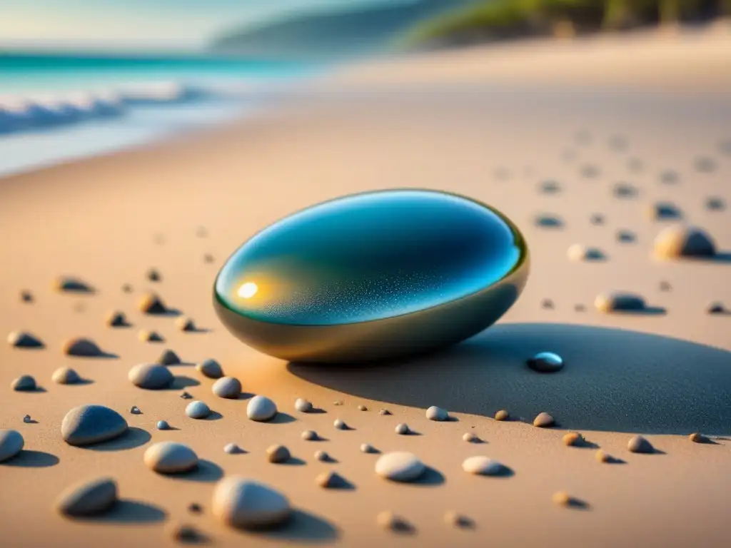 Minimalismo en el arte visual: Una pintura acuarela serena de una sola piedra equilibrada en una playa de arena suave, con sutiles ondas de agua