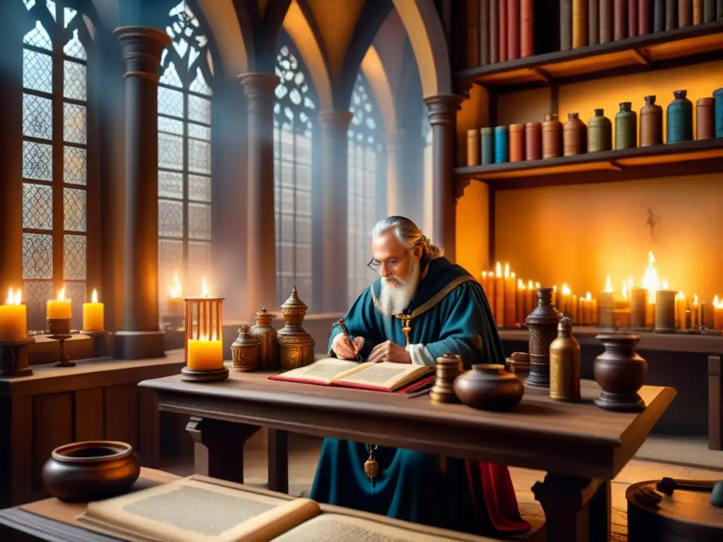 Un minucioso retrato en acuarela de un escriba medieval en un scriptorium, rodeado de pergaminos, plumas y pigmentos