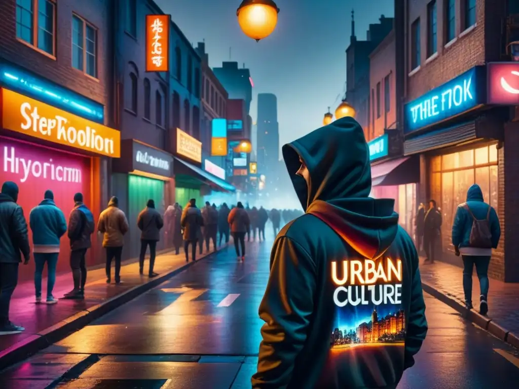 Un misterioso artista callejero crea un mural vibrante en una escena urbana nocturna, iluminada por luces de neón