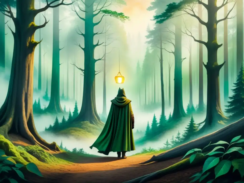 Explorador místico en bosque encantado: acuarela detallada Un místico cuadro detallado de una figura solitaria en el borde de un bosque neblinoso, con criaturas míticas entre los árboles