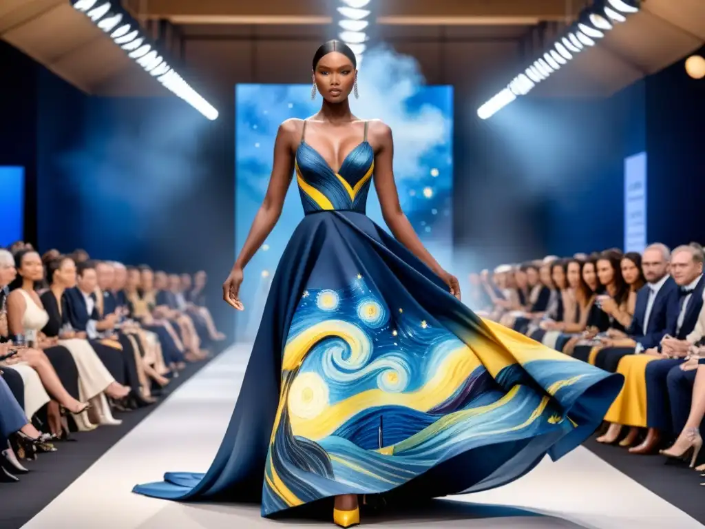 Modelo desfila con elegante vestido inspirado en Starry Night de Van Gogh