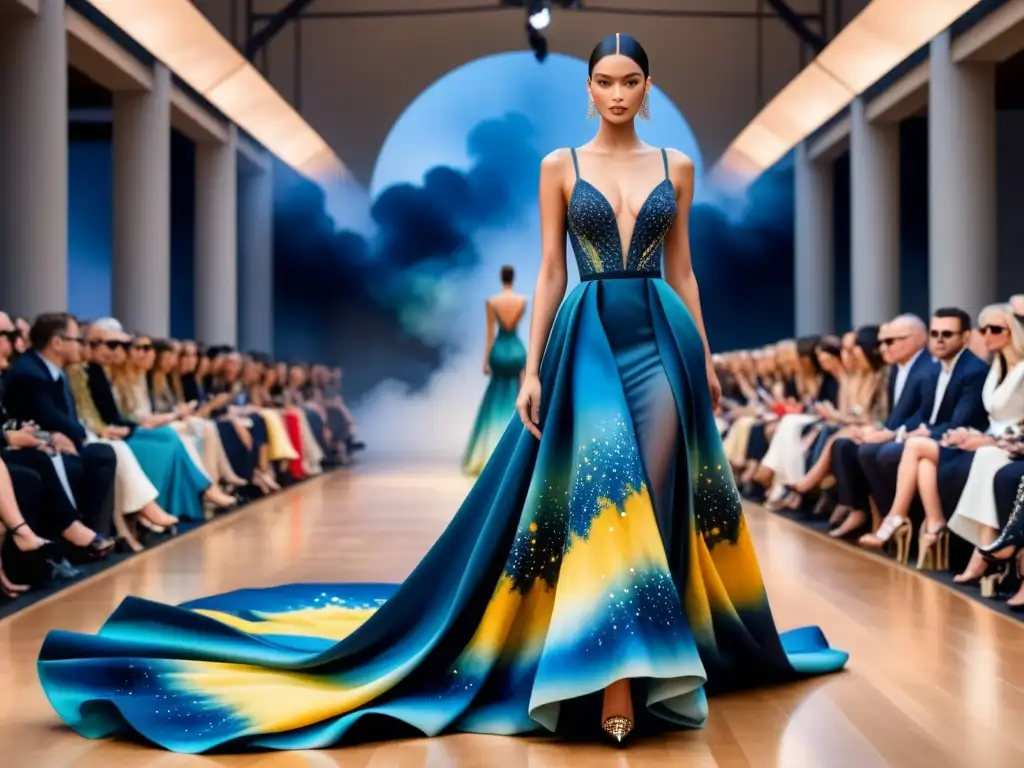 Una modelo desfila con un vestido inspirado en obras de arte, en una galería de arte