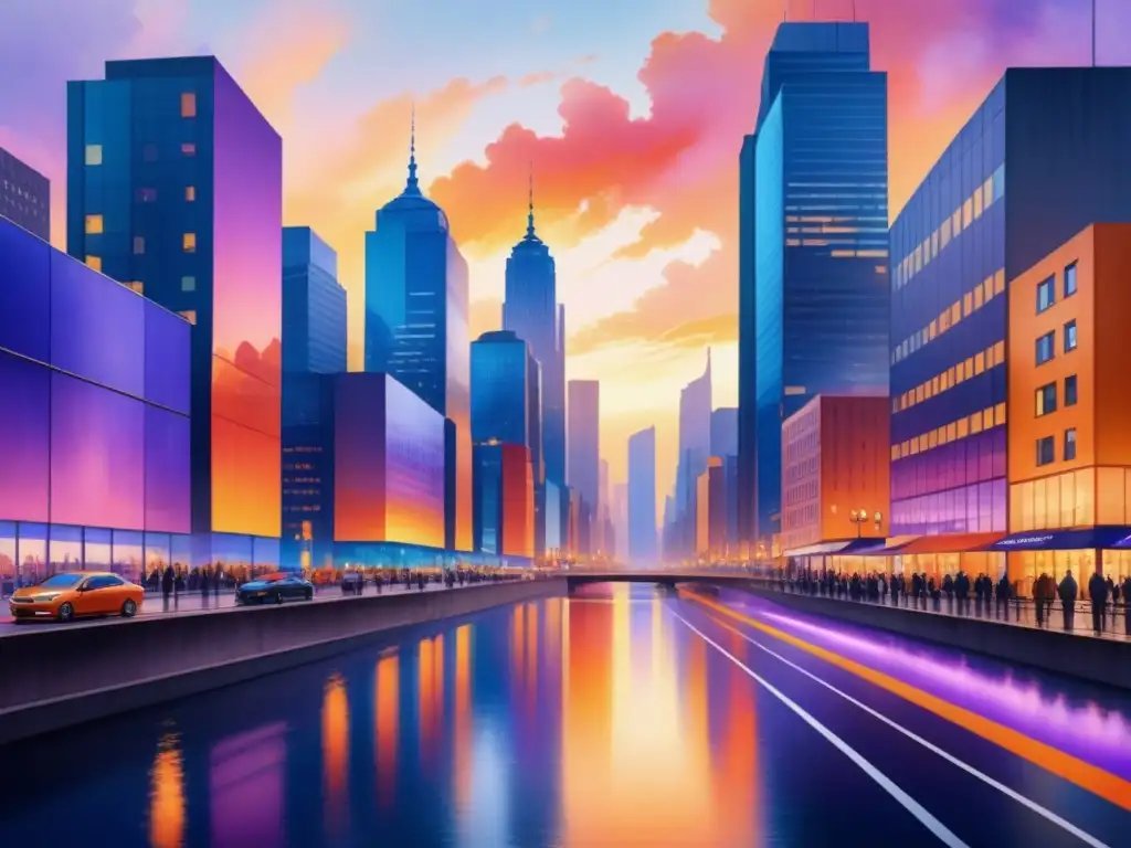 Una moderna ciudad al atardecer, con transición de colores vibrantes en el cielo y reflejos en rascacielos