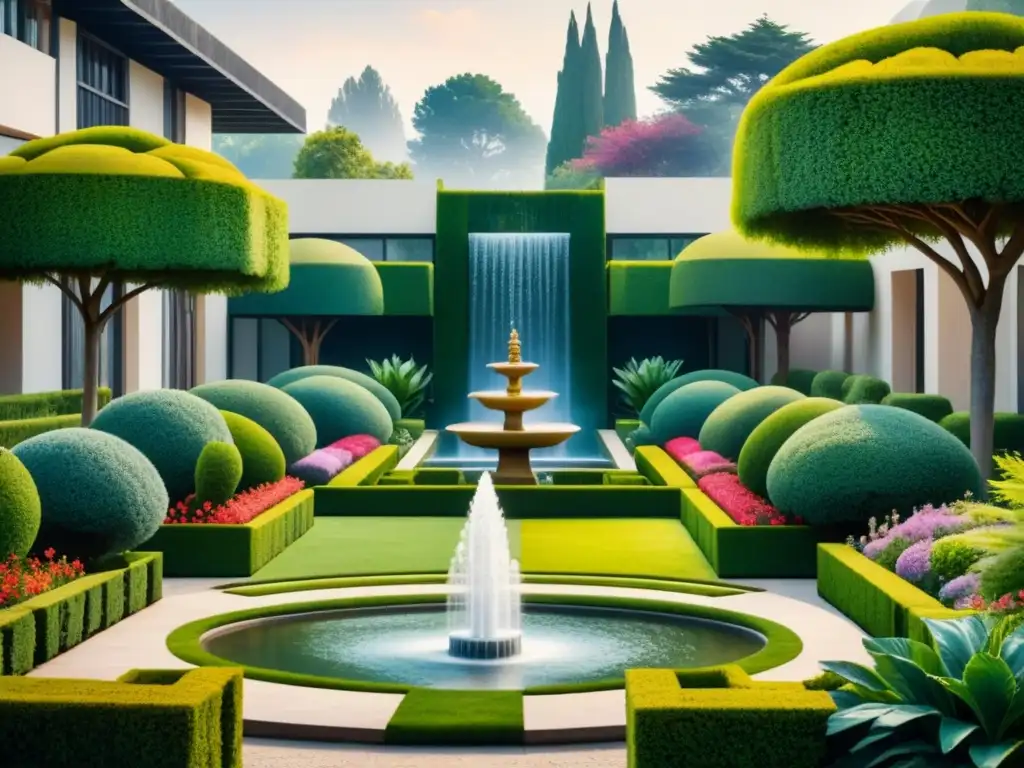 Un jardín modernista exuberante y colorido, con patrones geométricos intrincados y esculturas caprichosas