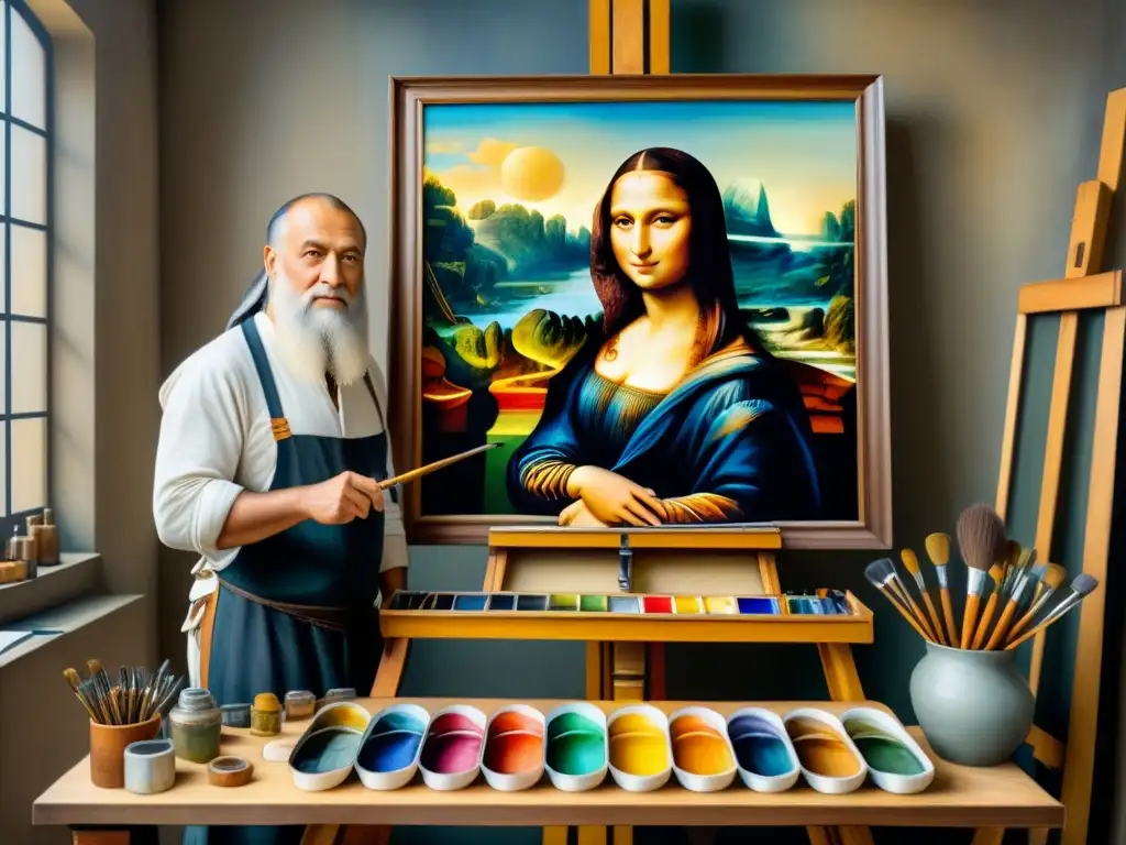 Leonardo da Vinci crea la Mona Lisa en su estudio durante el Renacimiento, mostrando la evolución del óleo