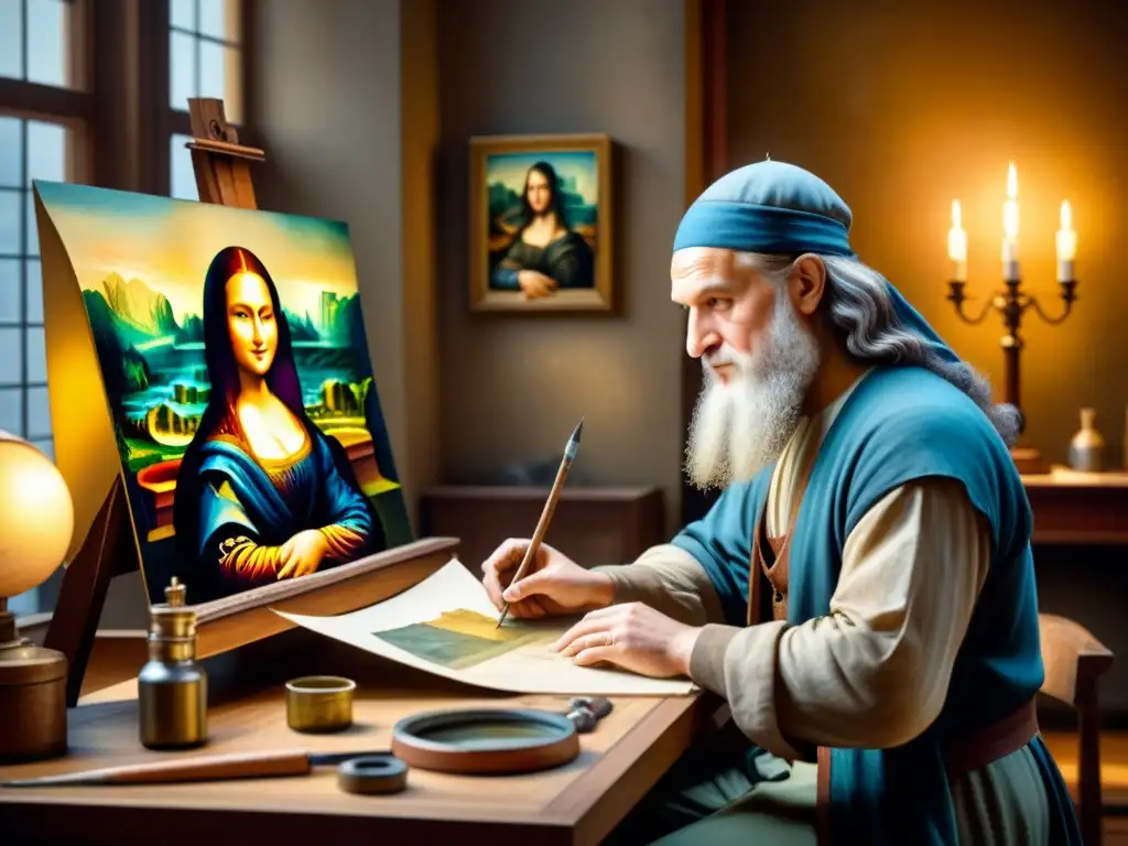 Leonardo da Vinci trabajando en la Mona Lisa en su estudio, rodeado de bocetos y herramientas