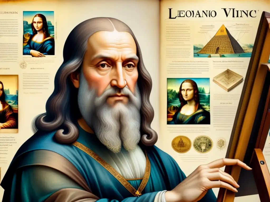 Leonardo da Vinci pintando la Mona Lisa rodeado de sus secretos arte historia, iluminado por una luz etérea