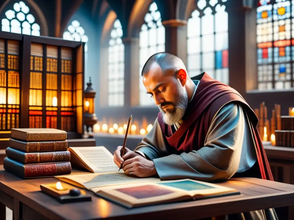 Un monje medieval crea una miniatura con devoción en un monasterio iluminado, rodeado de manuscritos antiguos y pigmentos