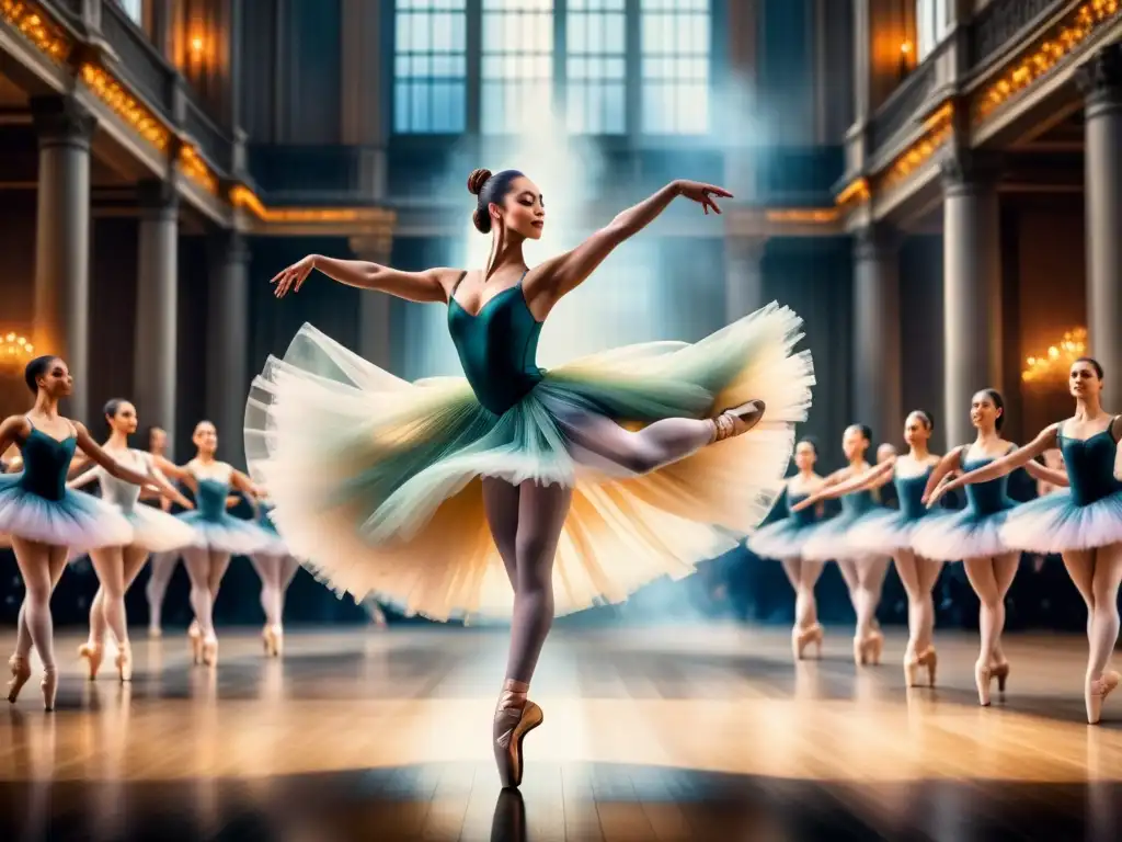 Representación del movimiento en arte: pintura acuarela detallada de un dinámico ballet, con una bailarina en pleno salto y tutú fluído creando elegantes remolinos de color