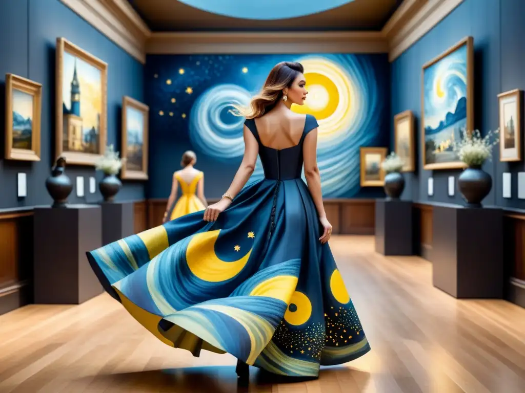 Una mujer elegante pasea por un museo de arte luciendo un vestido inspirado en 'La noche estrellada' de Van Gogh