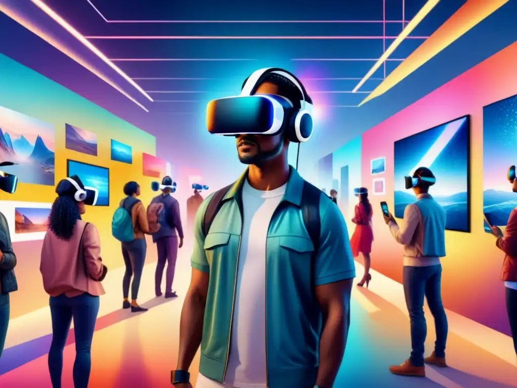 Un mundo de arte inclusivo en una expo de realidad virtual, donde personas diversas exploran instalaciones digitales vibrantes juntas