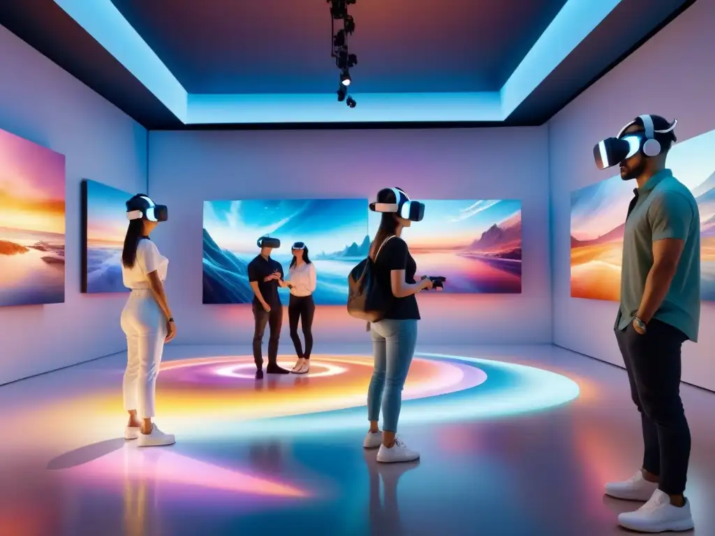 Explora un mundo de arte en realidad virtual experiencias con esculturas futuristas y pinturas digitales interactivas en una galería surrealista