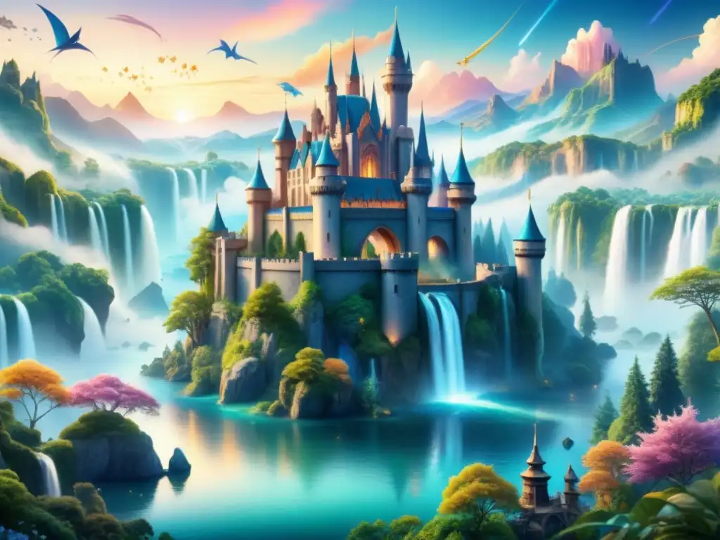 Castillo mágico y criaturas fantásticas en acuarela detallada Un mundo 3D de criaturas fantásticas y paisajes asombrosos