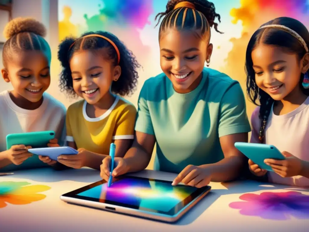 Un mundo digital lleno de color y alegría donde niños crean arte digital