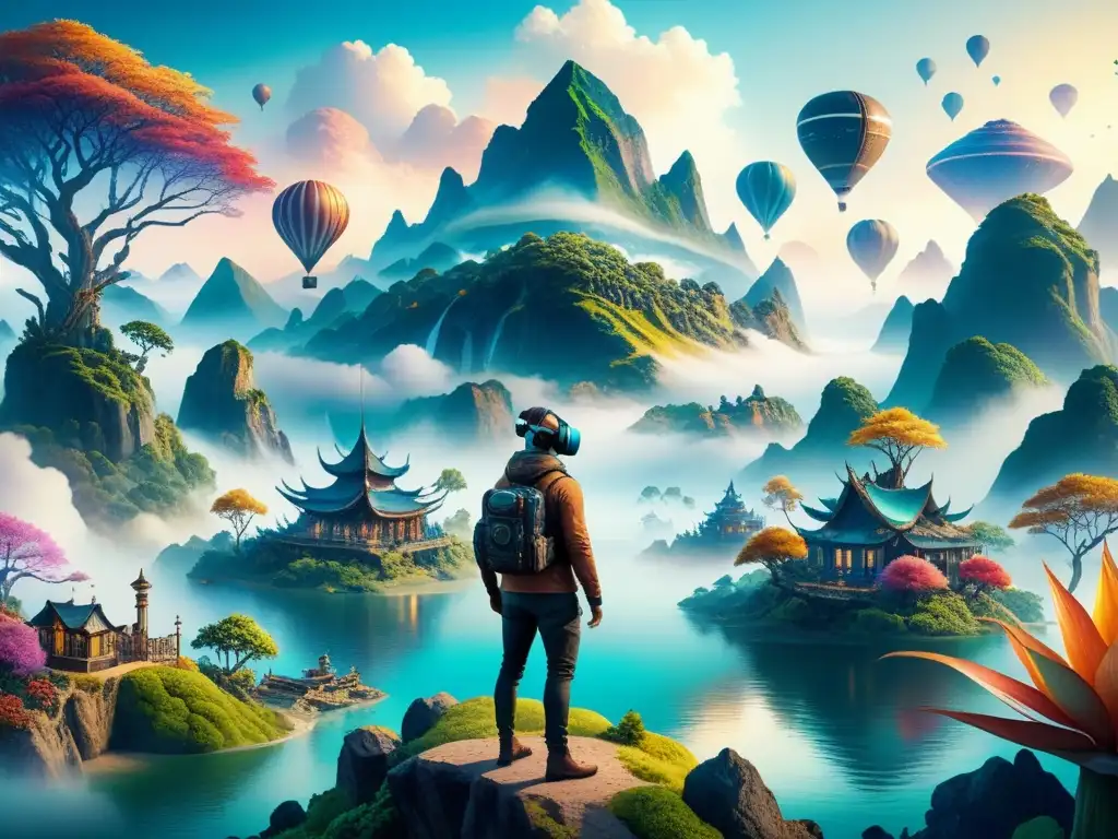 Un mundo de Realidad Virtual arte visual inmersivo; paisajes fantásticos, islas flotantes y criaturas coloridas en acuarela detallada