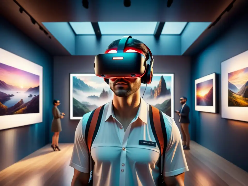 Un mundo de Realidad virtual en arte visual: una galería llena de coloridos visitantes inmersos en experiencias interactivas