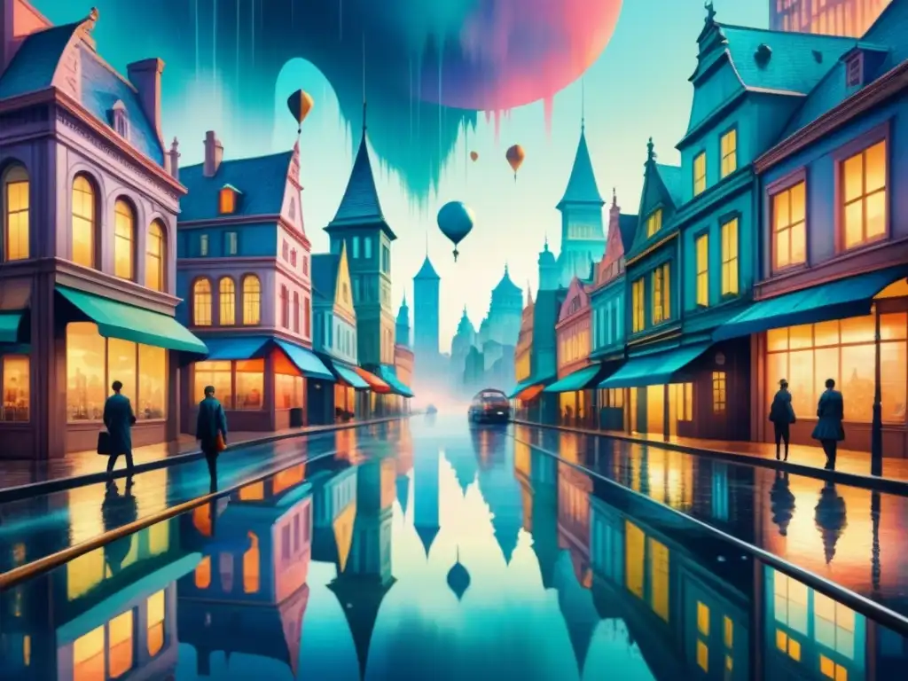 Pintura acuarela surrealista de ciudad postmoderna con elementos oníricos Un mundo surrealista en la era postmoderna: una acuarela detallada con elementos oníricos y colores vibrantes