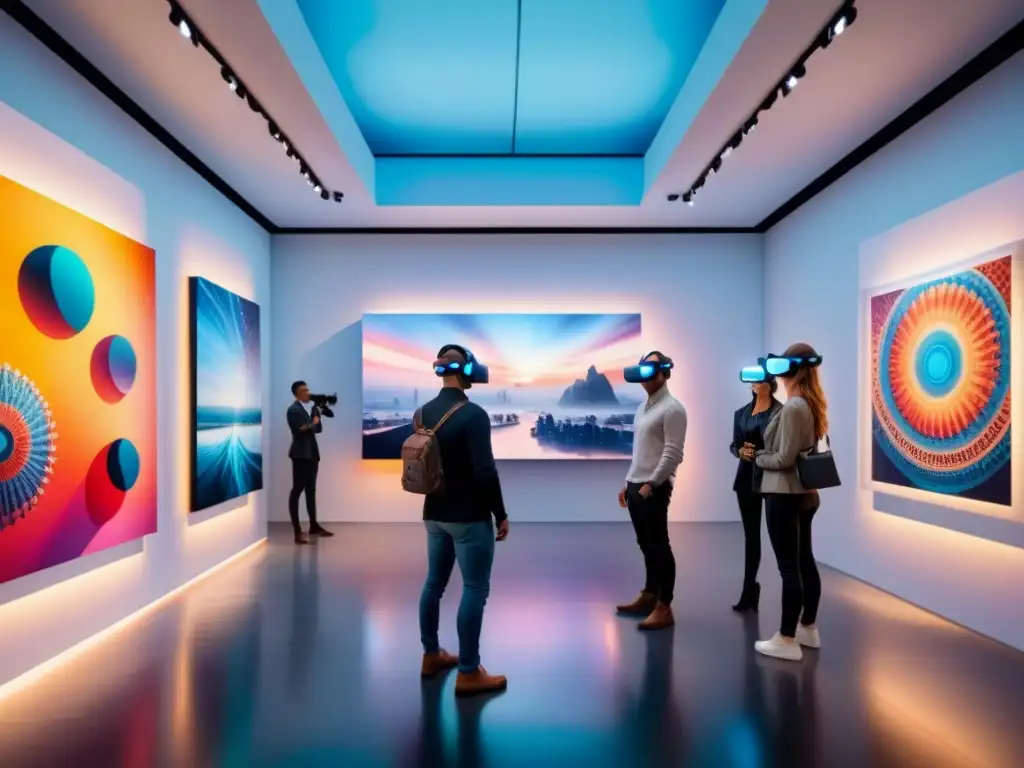 Un mundo vibrante de arte digital en una galería futurista con visitantes usando auriculares de realidad virtual