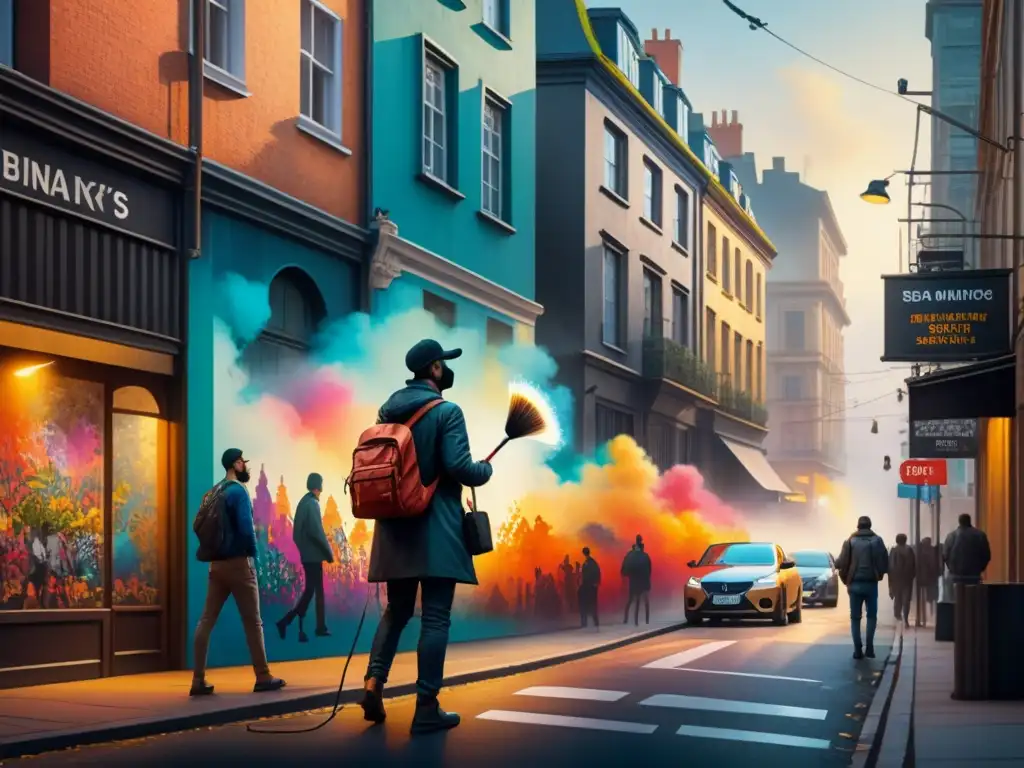 Un mural callejero inspirado en Banksy crea una atmósfera vibrante de crítica arte visual en una concurrida ciudad