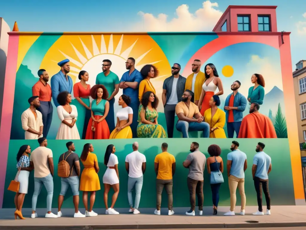 Un mural colorido muestra artistas de diversas culturas colaborando en la ciudad