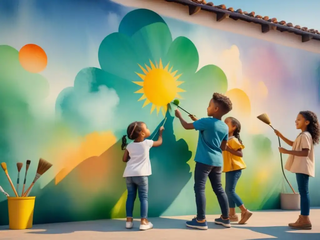 Un mural colorido pintado por niños de distintos orígenes en una pared exterior, irradiando creatividad y trabajo en equipo