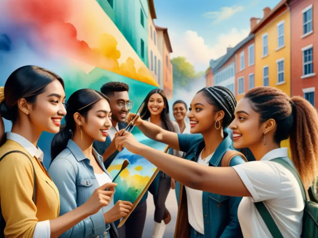 Un mural colorido que simboliza la unidad y diversidad, con estudiantes colaborando en arte visual educativo