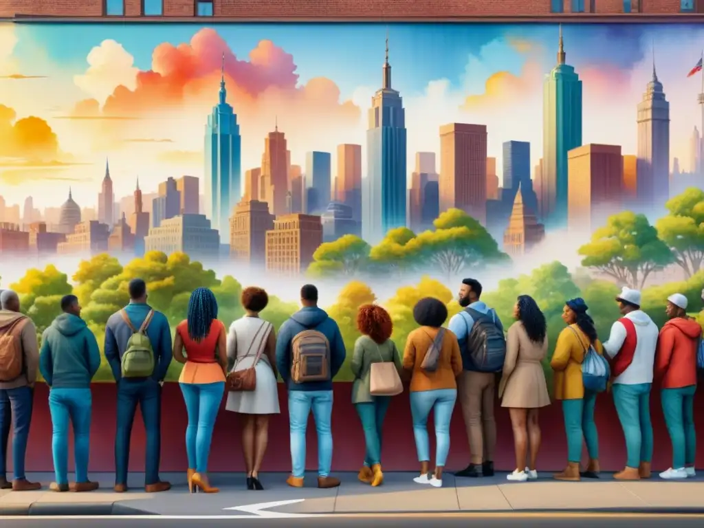 Un mural comunitario colorido en un entorno urbano vibrante, simbolizando la diversidad y la colaboración