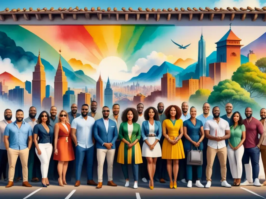 Un mural comunitario colorido que une a personas de diferentes orígenes para crear una obra de arte colaborativa en una pared de la ciudad