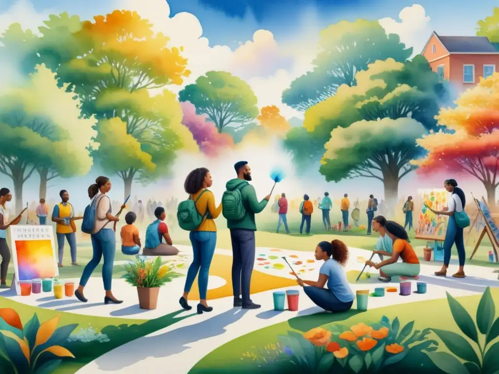 Un mural comunitario en salud mental: personas de todas las edades y orígenes pintan juntas en un parque, mostrando unidad y creatividad