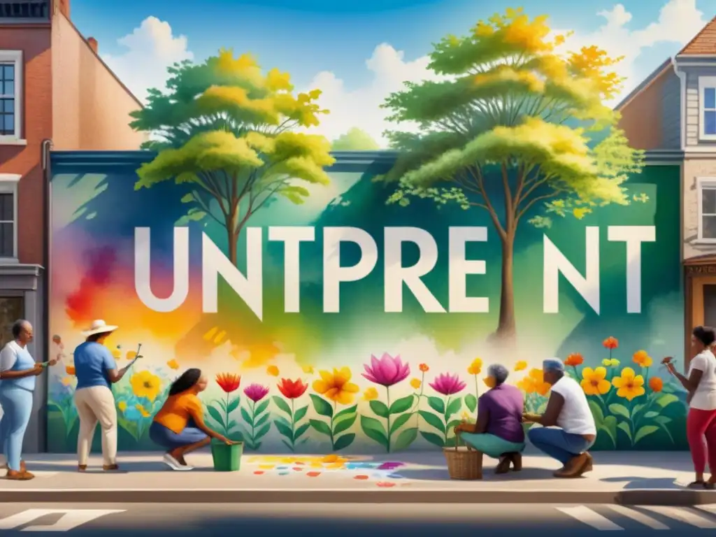 Un mural comunitario vibrante en un barrio urbano, con personas de todas las edades pintando escenas de esperanza y unidad