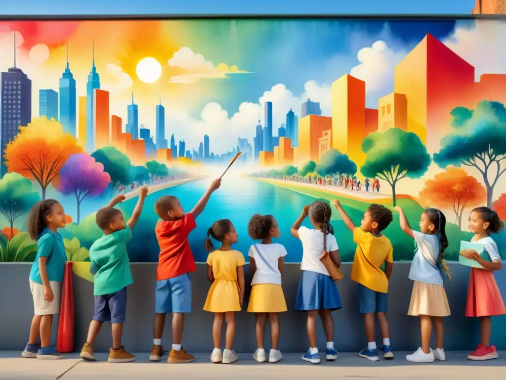 Un mural detallado muestra a niños de diversas etnias pintando juntos en un muro urbano, con símbolos educativos