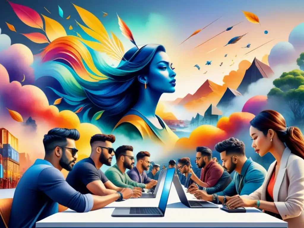 Un mural digital con artistas colaborando, fusionando tecnología y creatividad en arte comunitario