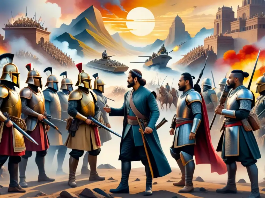 Un mural épico que fusiona arte antiguo y tecnología futurista, simbolizando la evolución de técnicas en la representación de conflictos