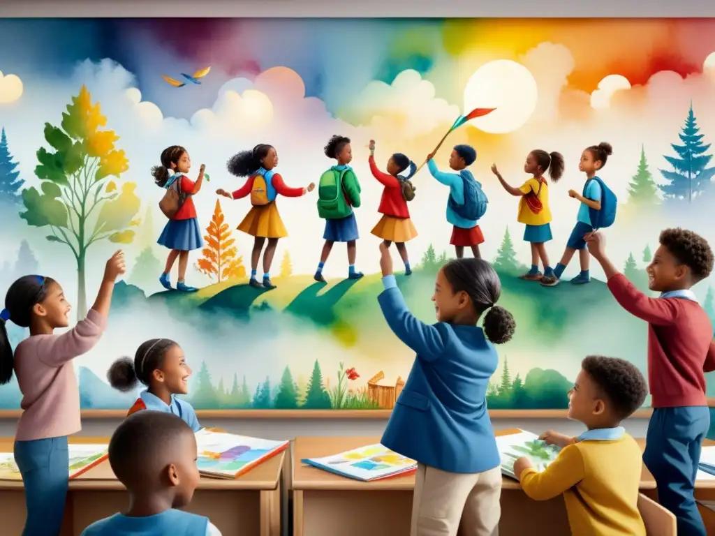 Un mural escolar vibrante donde niños trabajan en equipo, mostrando unidad y diversidad