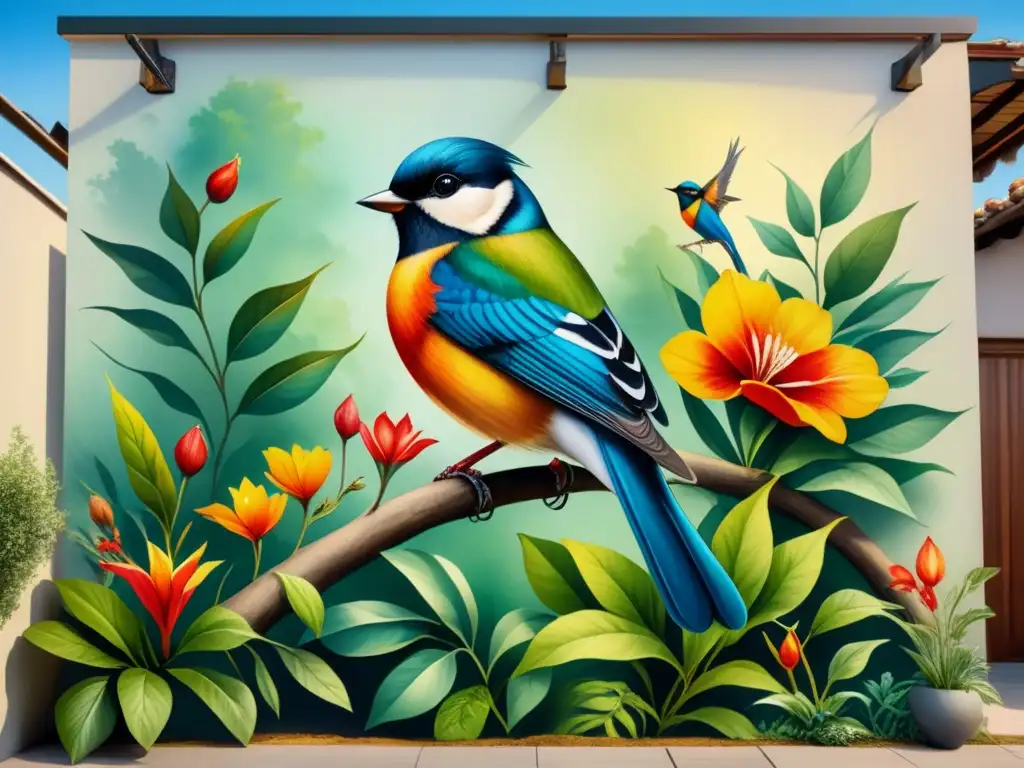 Un mural vibrante en acuarela muestra una armoniosa conservación de arte visual al aire libre con detalles intrincados y colores intensos