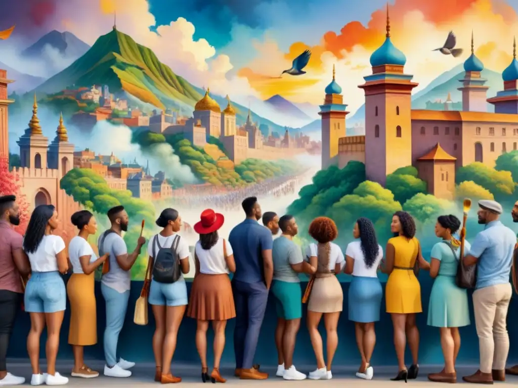 Un mural vibrante y detallado creado por un grupo diverso, simbolizando la unidad y diversidad cultural