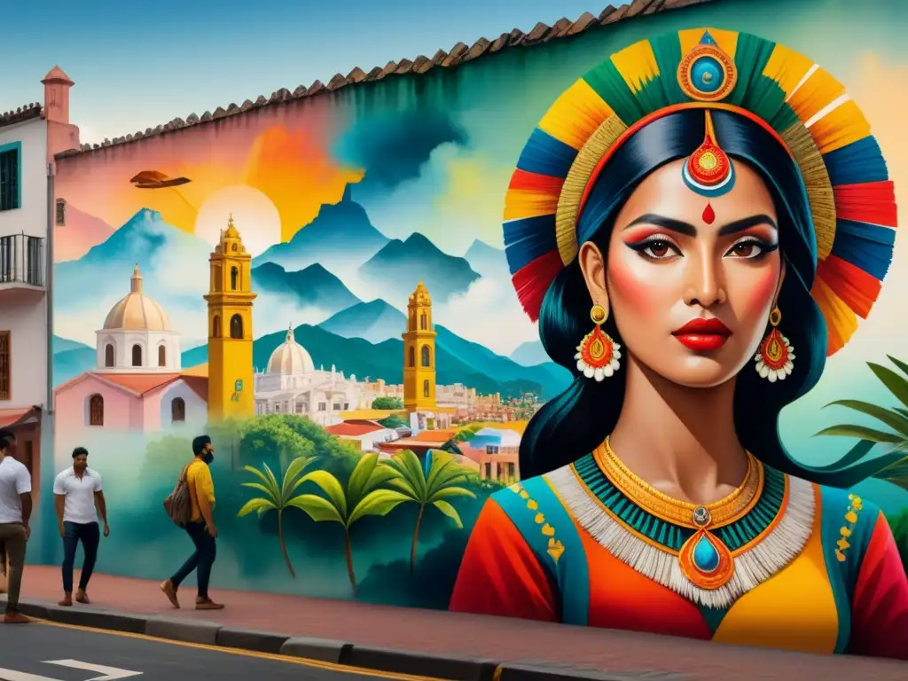 Un mural vibrante y detallado que fusiona símbolos culturales, figuras históricas y elementos modernos en una narrativa visual cautivadora