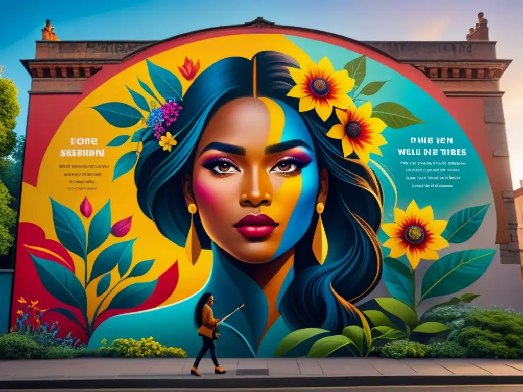 Un mural vibrante en una pared urbana con mujeres diversas creando arte, rodeadas de flores y mensajes inspiradores