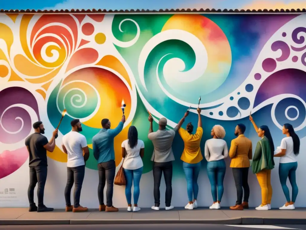 Un mural vibrante de personas diversas creando juntas, resaltando la importancia del arte visual en sociedad