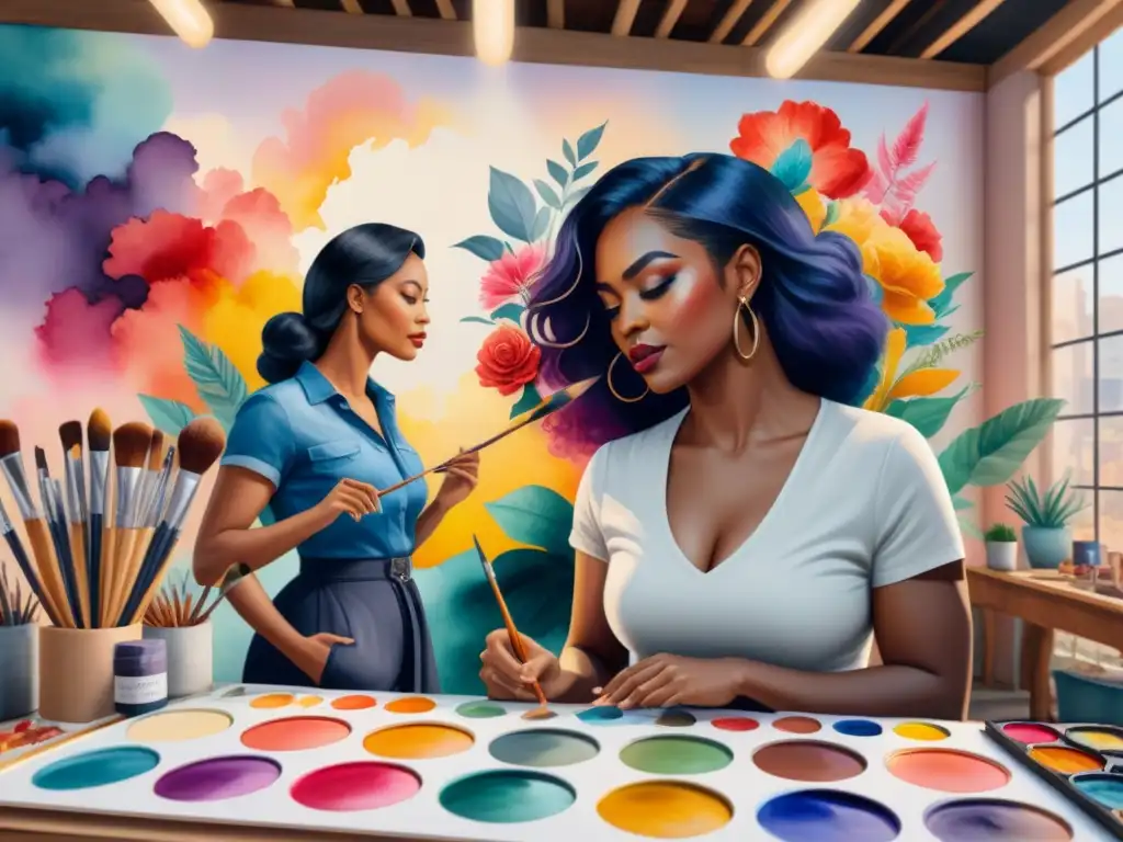 Un mural vibrante pintado por mujeres artistas diversas, unidas en el estudio de arte