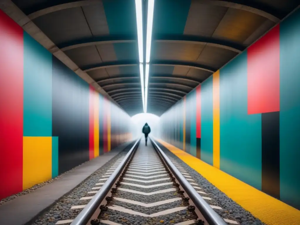 Un mural vibrante en un túnel, con patrones geométricos en colores audaces creando ilusión de profundidad y movimiento