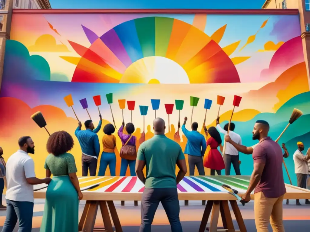 Un mural vibrante que celebra la unidad y diversidad con pinceladas fluidas y colores ricos