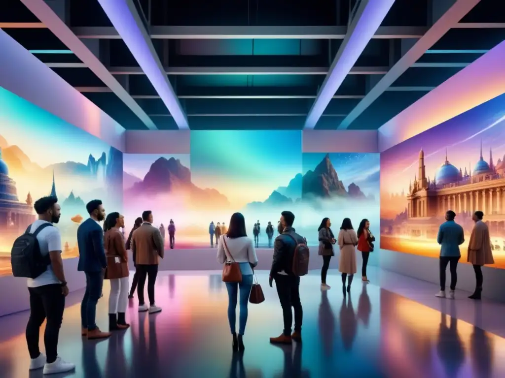 Un museo futurista con arte digital interactivo, colores vibrantes y gente de todas las edades disfrutando de experiencias inmersivas arte digital