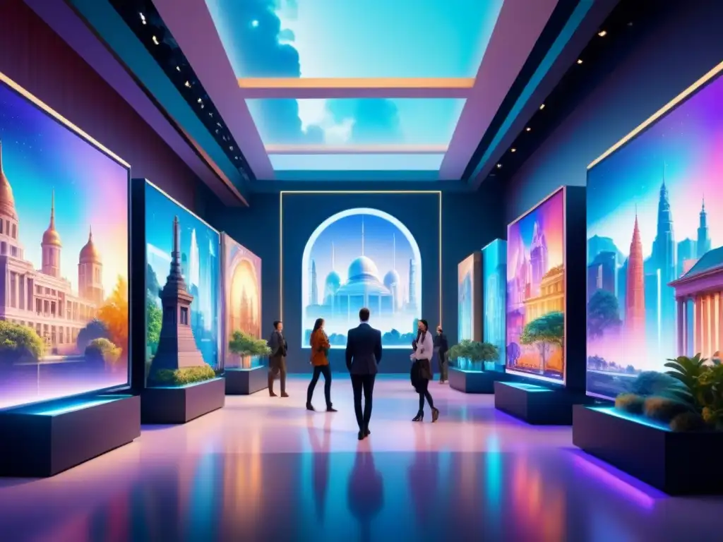 Un museo futurista de NFT fusiona arte tradicional y digital, con una arquitectura moderna y elementos clásicos, rodeado de naturaleza y ciudad