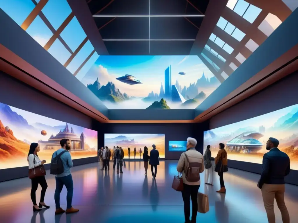 Un museo futurista con exhibiciones de arte digital y tecnología interactiva