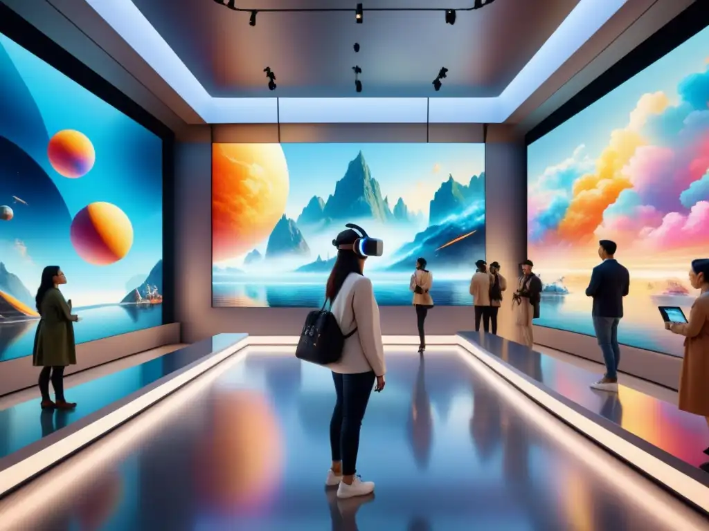 Un museo futurista con experiencias inmersivas en arte visual: visitantes exploran galería de pinturas digitales en realidad virtual