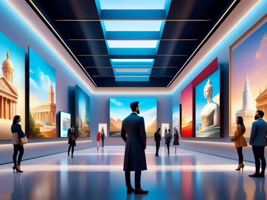 Un museo futurista lleno de arte digital como NFTs, fusionando lo tradicional con la tecnología