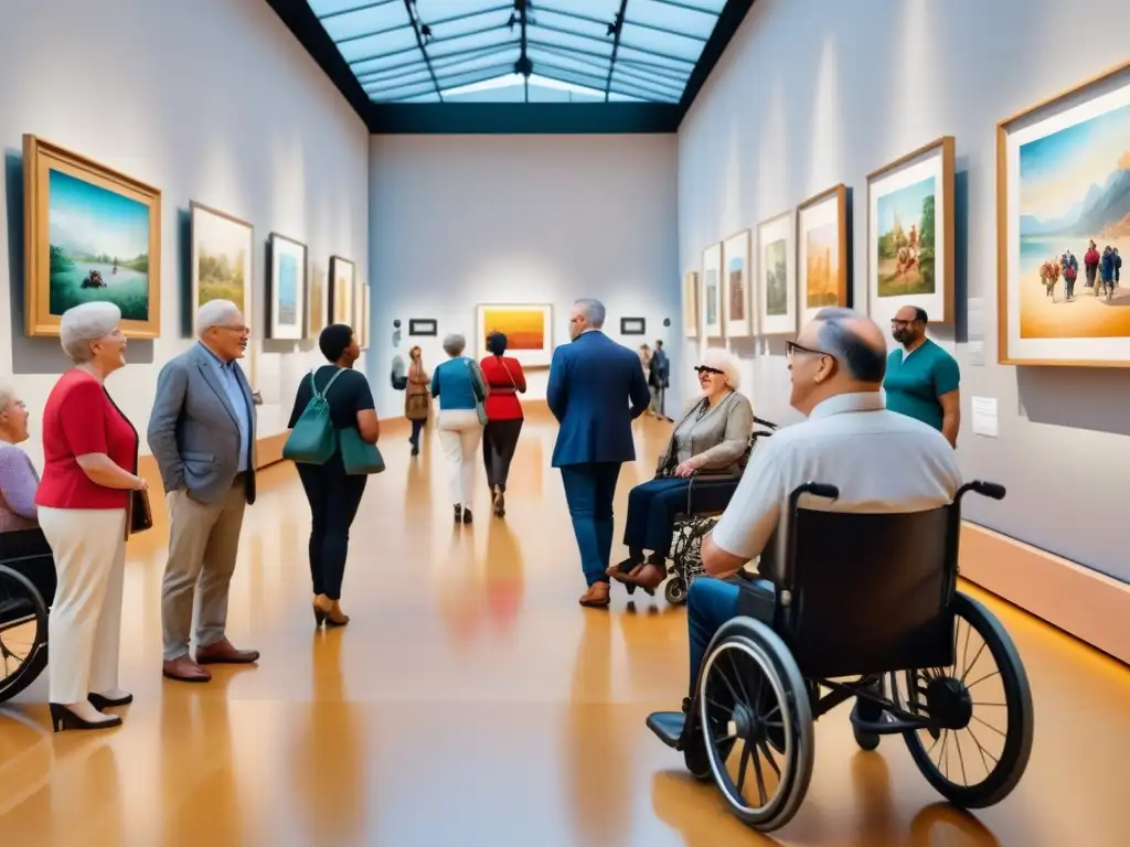 Un museo inclusivo con visitantes diversos disfrutando de exposiciones, promoviendo la accesibilidad en museos y galerías