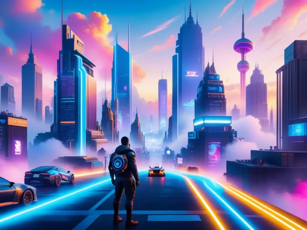 Una narrativa visual arte digital: Futurista ciudad con instalaciones digitales y elementos de videojuegos